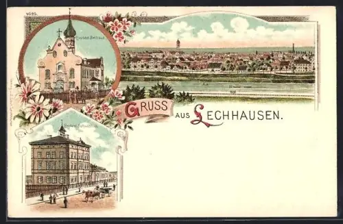 Lithographie Lechhausen, Protest. Bethaus, Protest. Schulhaus