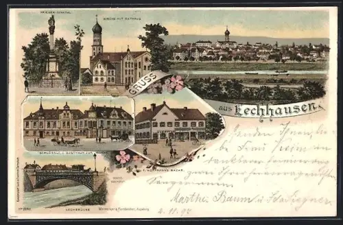Lithographie Lechhausen, Gasthaus zur Sonne, Krieger-Denkmal, Kirche mit Rathaus, Lechbrücke