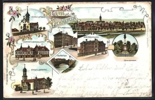 Lithographie Lechhausen, Kirche m. Rathaus, Kath. Mädchen-Schule, Lechbrücke, Kriegerdenkmal