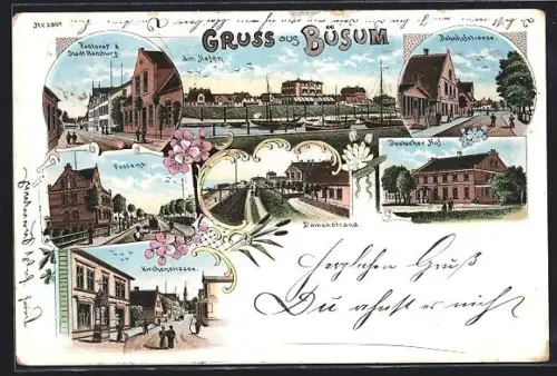 Lithographie Büsum, Pastorat und Hotel Stadt Hamburg, Hafen, Postamt und Kirchenstrasse