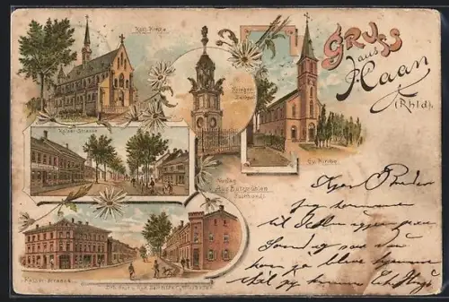 Lithographie Haan i. Rhld., Blick in die Kaiser-Strasse, Kath. Kirche