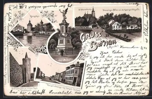 Lithographie Bernau /Mark., St. Marienkirche, Königsthor, Pulverthurm, Kaiserstrasse mit Kaiserl. Postamt