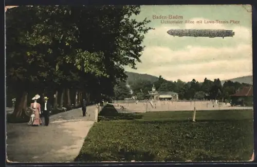 AK Baden-Baden, Lichtentaler Allee mit Lawn-Tennis-Platz und Zeppelin