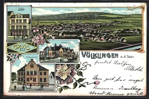 Lithographie Völklingen a. d. Saar, Bahnhof, Casino, Amtsgericht, Ortspanorama