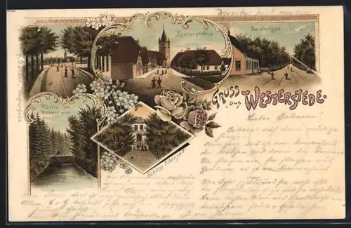 Lithographie Westerstede, Schloss Fikengott, Kirchenstrasse, Gerdkröger