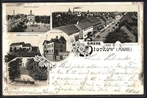 Lithographie Storkow /Mark, Marktplatz mit Rathaus, Mühlenfliess und Dampfmühle, Kaiserliches Postamt