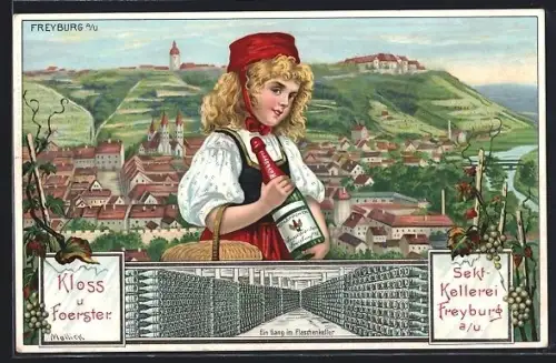 Lithographie Freyburg, Panorama und Mädchen mit Rotkäppchen-Sekt, Kloss u. Foerster, Flaschenkeller