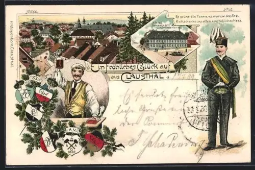 Lithographie Clausthal, Stadtansicht mit Studentenwappen, Königl. Bergakademie und Student mit Degen