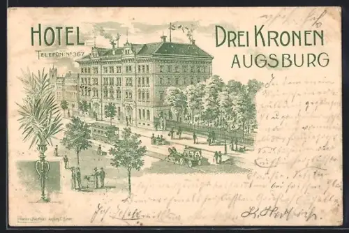 Lithographie Augsburg, Hotel Drei Kronen mit Strassenbahn