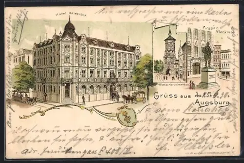 Lithographie Augsburg, Hotel Kaiserhof, Fugger-Denkmal, Wertachbruckerthor