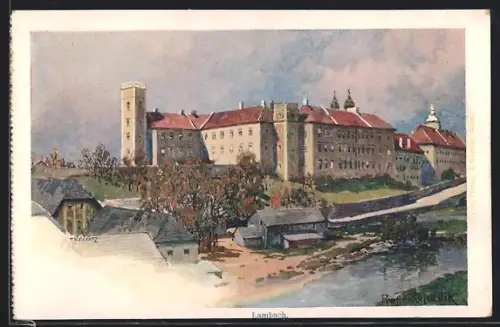 Künstler-AK F. Kopallik: Lambach, Ortsansicht mit Burg