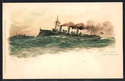 Künstler-AK Hans Bohrdt: S. M. Aviso Greif unter Volldampf