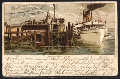 Künstler-Lithographie Carl Biese: Cuxhaven, Alte Liebe, Dampfer