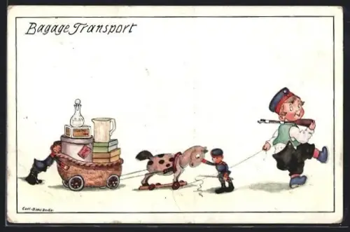 Künstler-AK Carl Diehl: Junge mit Feldherrenmütze und Gewehr zieht sein Spielzeug