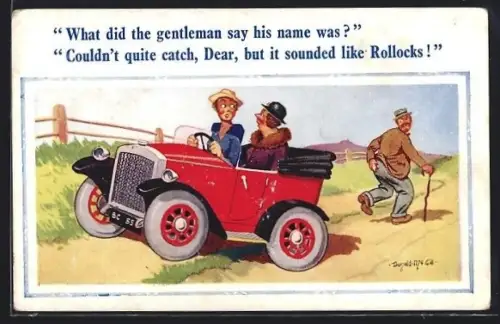 Künstler-AK Donald McGill: Zwei Damen fahren in einem Auto über einen Sandweg