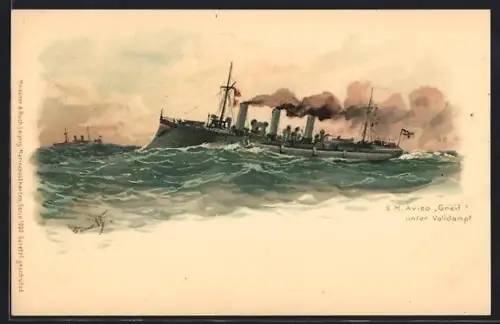 Künstler-AK Hans Bohrdt: S. M. Aviso Greif unter Volldampf