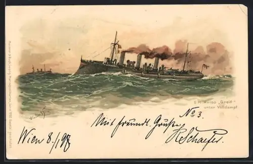 Künstler-AK Hans Bohrdt: S. M. Aviso Greif unter Volldampf