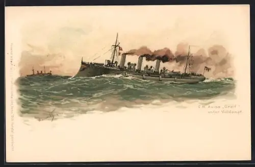 Künstler-AK Hans Bohrdt: S. M. Aviso Greif unter Volldampf