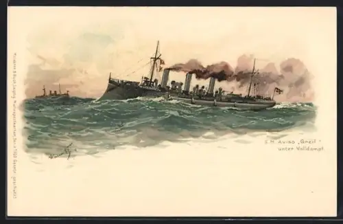 Künstler-AK Hans Bohrdt: S. M. Aviso Greif unter Volldampf