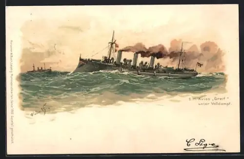 Künstler-AK Hans Bohrdt: S. M. Aviso Greif unter Volldampf