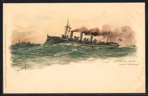 Künstler-AK Hans Bohrdt: S. M. Aviso Greif unter Volldampf