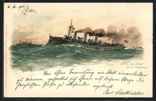 Künstler-AK Hans Bohrdt: S. M. Aviso Greif unter Volldampf
