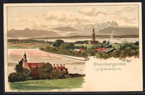 Künstler-AK Otto Strützel: Bernried /Starnbergersse, Ortsansicht mit Bismarckturm