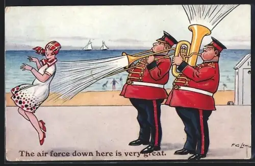 Künstler-AK Frederic G. Lewin: Dame wird auf der Promenade vom Wind angeweht