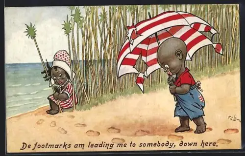 Künstler-AK Frederic G. Lewin: Kleiner Junge folgt Fussstapfen im Sand