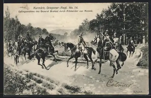 Künstler-AK Richard Knoetel: Kurmärk. Dragoner-Regt. N. 14, Gefangennahme d, General Brahaut durch Rittmeister v. Massow