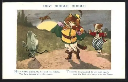 Künstler-AK A. E. Kennedy: Katze spielt Geige mit Hund, Teller und Löffel