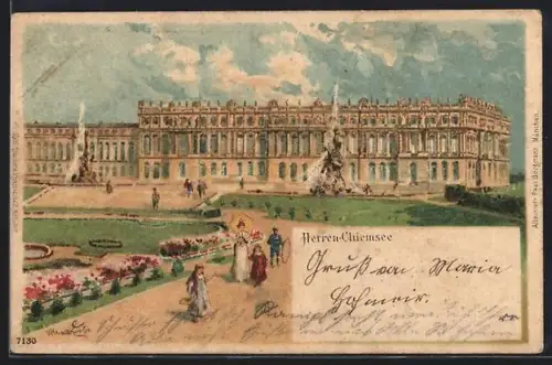 Künstler-Lithographie Herren-Chiemsee, Besucher im Schlosspark