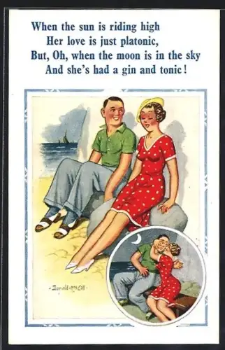 Künstler-AK Donald McGill: Paar sitzt zusammen auf einem Stein am Strand