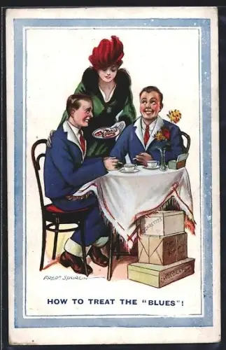 Künstler-AK Fred Spurgin: Dame bringt zwei Männern einen Teller feines Essen