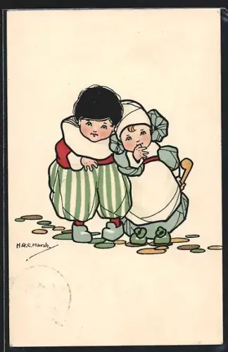 Künstler-AK H. G. C. Marsh-Lambert: Zwei kleine Kinder in traditioneller Kleidung