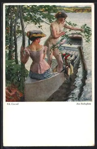 Künstler-AK Edward Cucuel: Dame steht nackt auf einem Boot