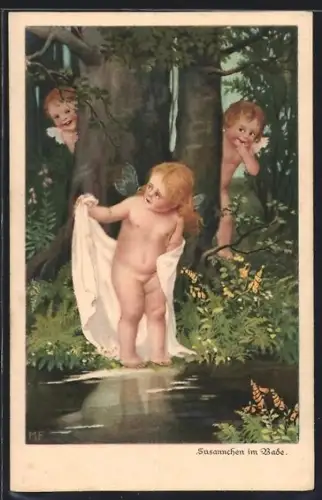 Künstler-AK Marie Flatscher (M.FL.): Nacktes Mädchen im Waldsee