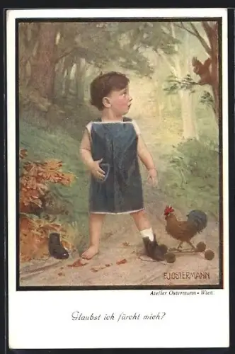 Künstler-AK F. J. Ostermann: Kleiner Junge spaziert alleine durch den Wald