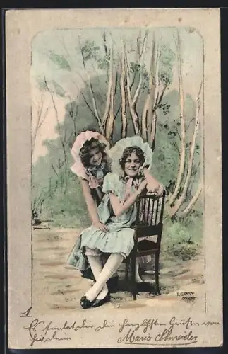 Künstler-AK E. Ernst: Zwei Mädchen mit einem Stuhl im Garten