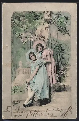 Künstler-AK E. Ernst: Zwei Mädchen vor einem Baum im Wald