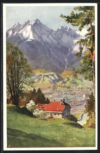 Künstler-AK Edo v. Handel-Mazzetti: Ortsansicht mit Gebirgspanorama