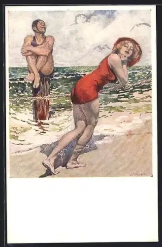 Künstler-AK Mann und Frau in Badeanzügen am Strand, Bademode