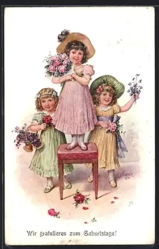 Künstler-AK Kränzle: Drei Mädchen, eine auf einem Hocker stehend mit Veilchen und Rosen
