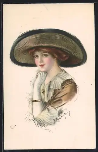Künstler-AK R. Ford Harper: Elegante Dame mit breitem Hut