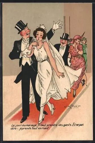 Künstler-AK V. Spahn: Gut gelauntes Hochzeitspaar mit Gesellschaft