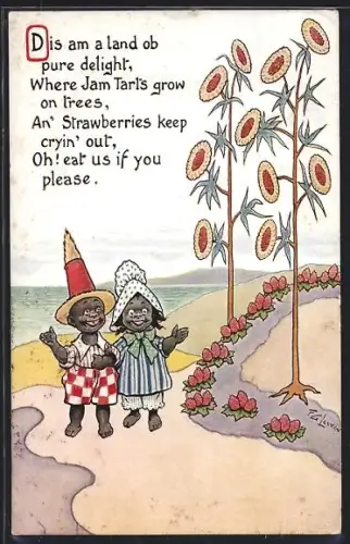 Künstler-AK Frederic G. Lewin: Zwei Kinder laufen einen Strand entlang, an dem Erdbeeren und Sonnenblumen wachsen
