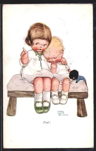 Künstler-AK Mabel Lucie Attwell: Zwei Kinder sitzen auf einem Hocker, das eine nuckelt am Daumen, daneben eine Puppe