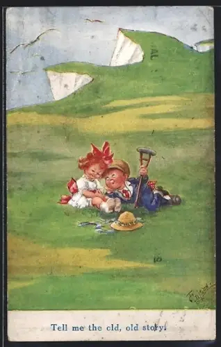 Künstler-AK T. Gilson: Zwei Kinder sitzen auf einer Wiese