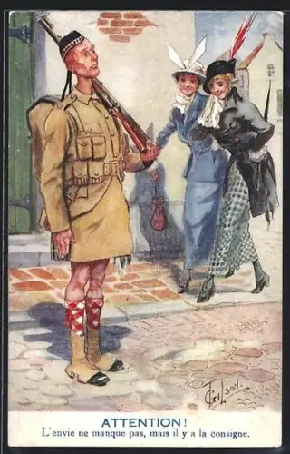 Künstler-AK T. Gilson: Zwei attraktive Frauen lächeln einen Soldaten in Uniform an