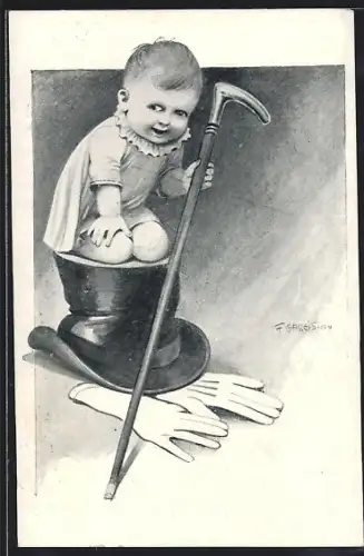 Künstler-AK F. Gareis: Kleinkind kniet auf einem Zylinder und hält einen Gehstock